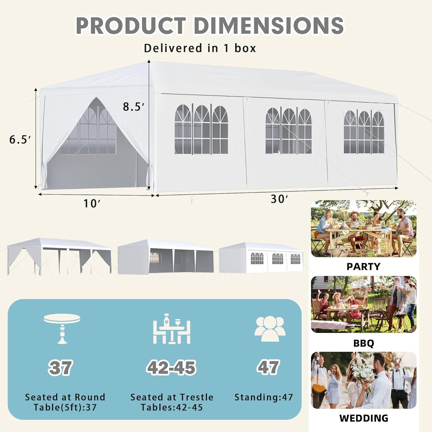 10x30 Ft Outdoor Party Tent with Removable Walls and Windows