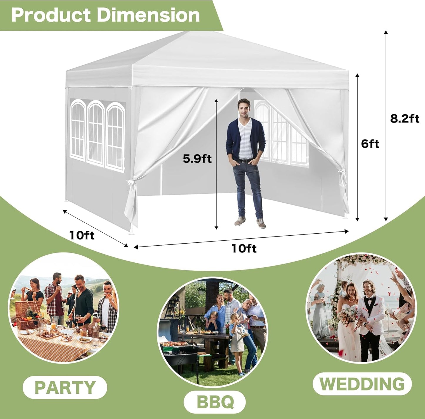10 x 10 FT Outdoor Wedding Party Canopy Tent with Sidewalls, White Waterproof Heavy Duty Gazebo Tent, Portable Steel Pole Sun Shelter for Outdoor Patio Lawn Garden Yard