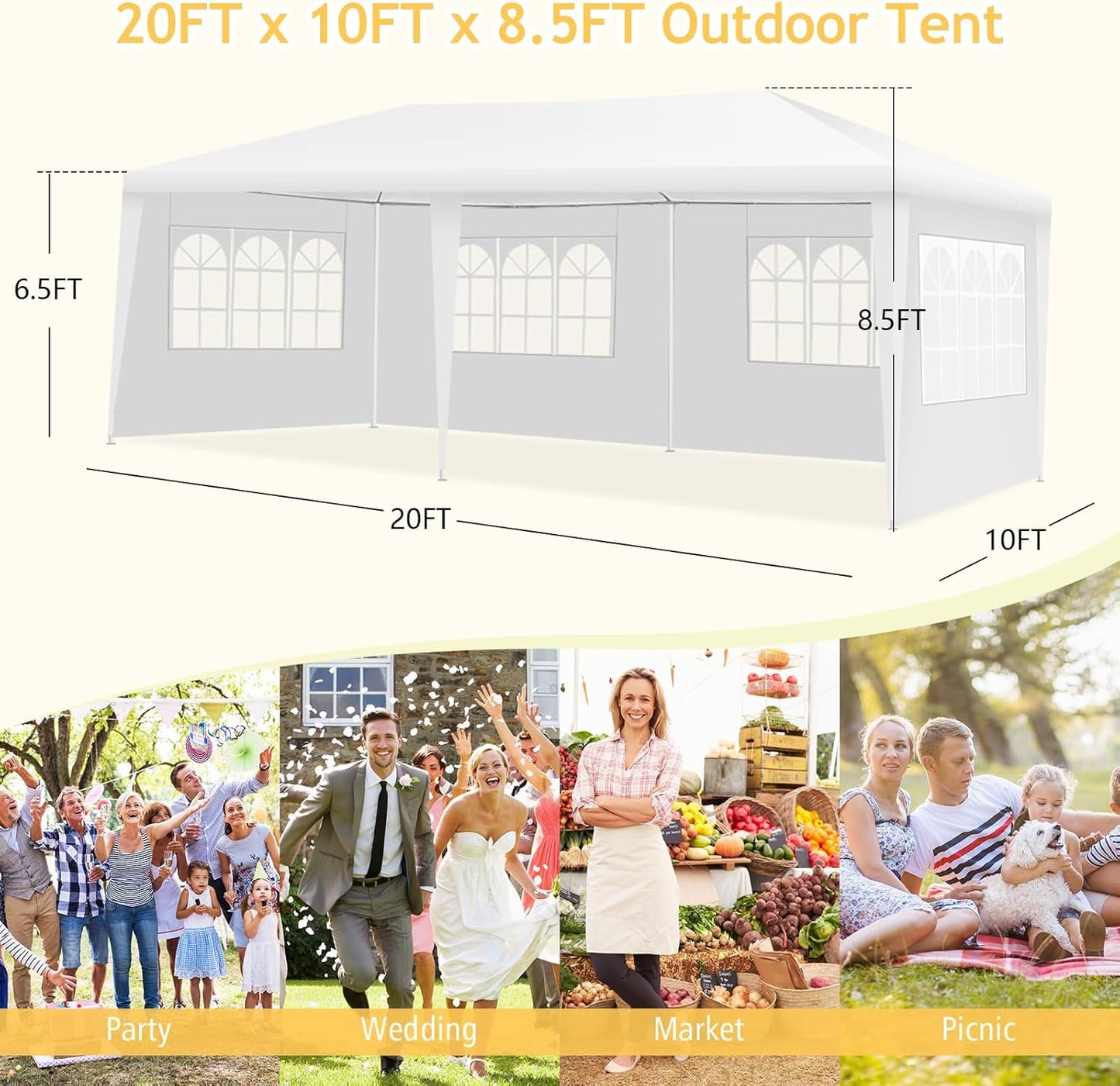 Outdoor Canopy Tent 10'x20', Large Party Tent with 4 Removable Sidewalls, Heavy Duty Waterproof Event Tent for Wedding, BBQ Dining, White
