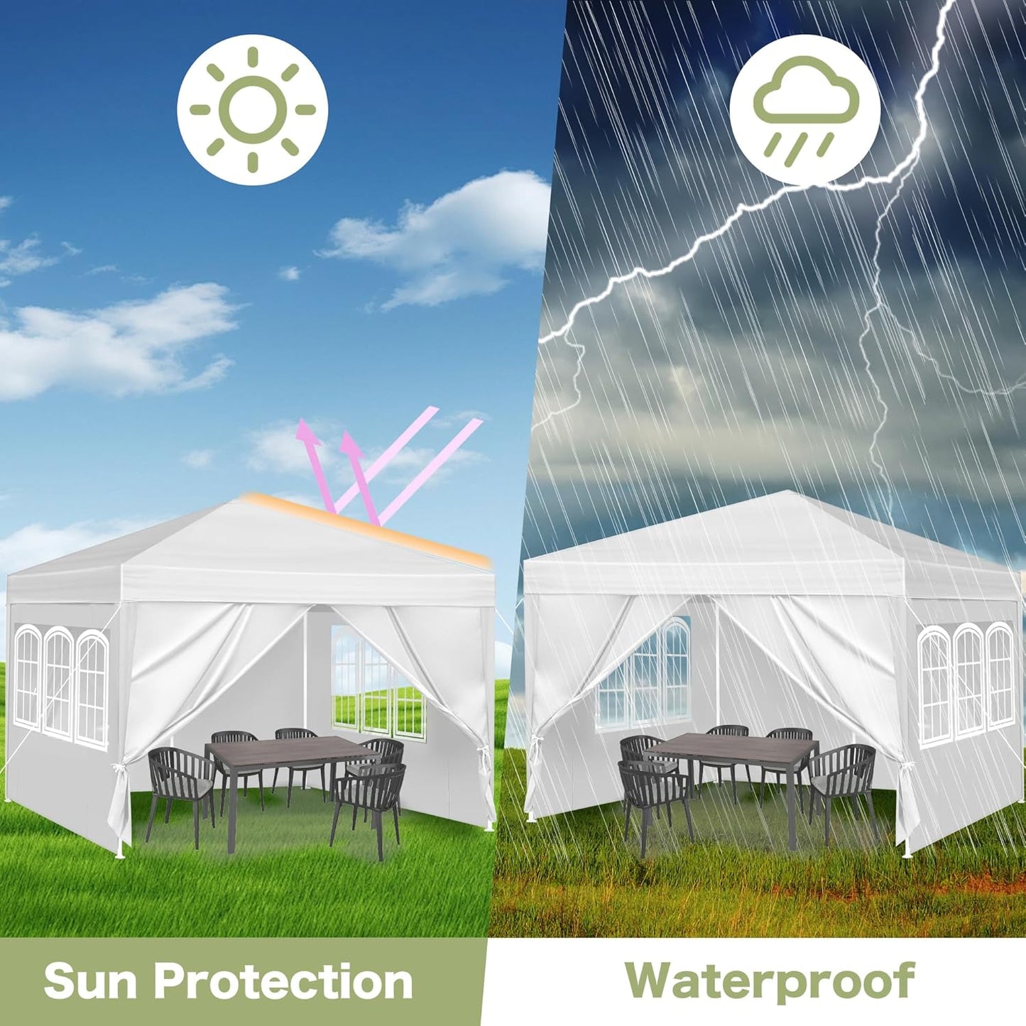 10 x 10 FT Outdoor Wedding Party Canopy Tent with Sidewalls, White Waterproof Heavy Duty Gazebo Tent, Portable Steel Pole Sun Shelter for Outdoor Patio Lawn Garden Yard